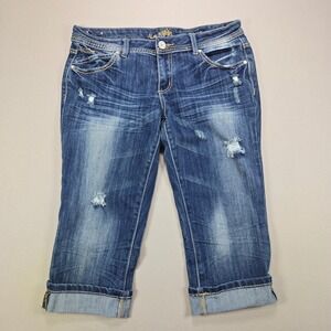 Almost Famous‎ Capri Jeans Distressed Embellished Dark Wash Blue Womens Size 11